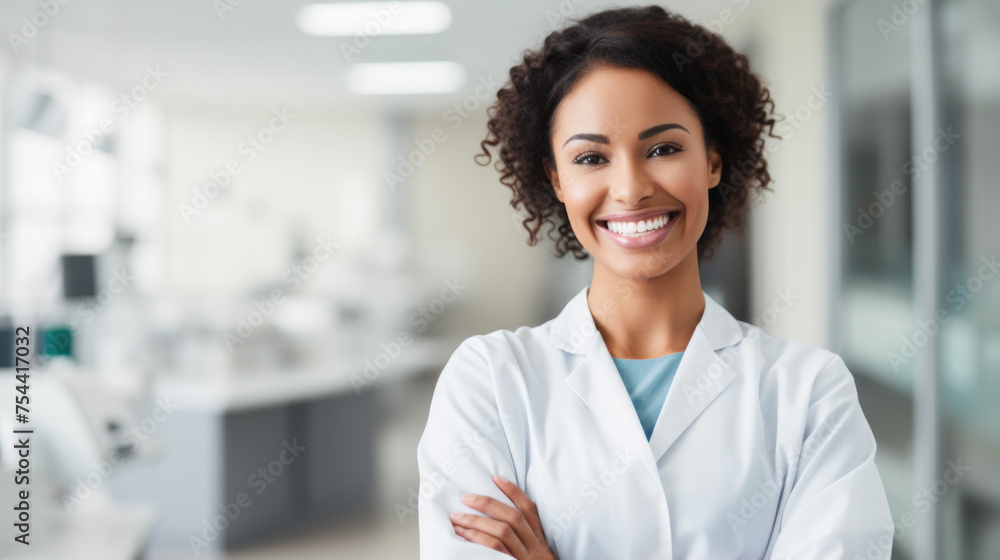 Happy female GP doctor in white coat with stethoscope looking at camera, smiling. Head shot portrait of confident medical practitioner, physician, therapist posing in hospital office with arms folded