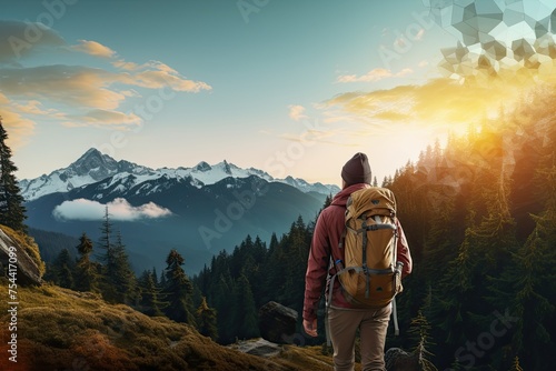 Hiker with backpack standing on top of a mountain and looking at the sunset. adventure and traveling concept. exploration of life.