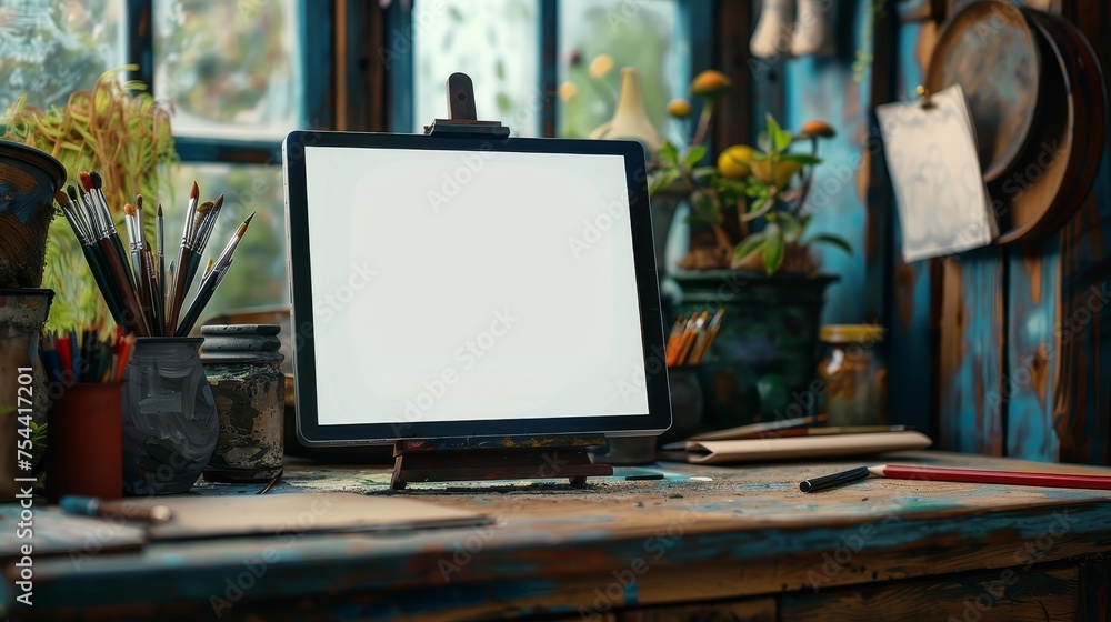 Fototapeta premium An artist's digital drawing tablet stands on an easel amidst a cluttered studio space, flanked by jars of paintbrushes and natural light.