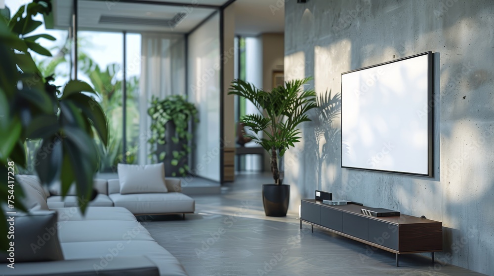 Sunlit modern living room featuring sleek furniture, an array of green plants, and a large framed picture on a concrete wall. Sunlit modern living room featuring sleek furniture, an array of green plants, and a large framed picture on a concrete wall.