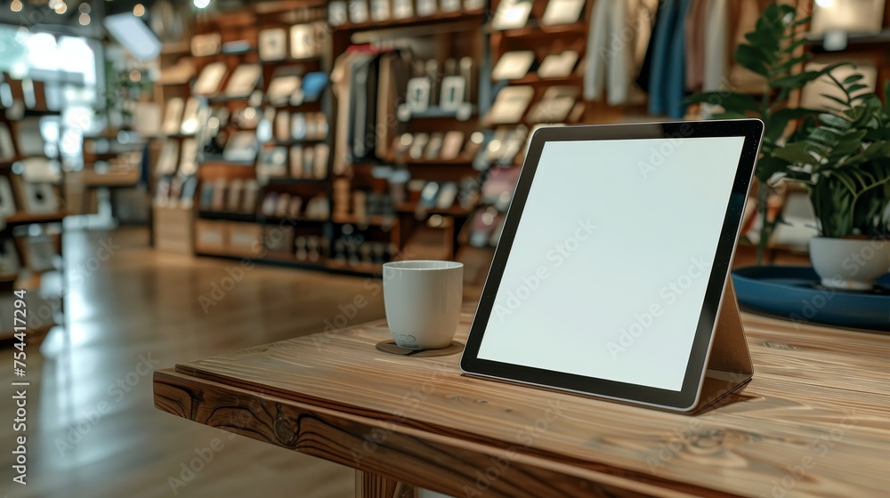 A modern tablet paired with a white mug rests on the wooden counter of a boutique shop, with a blurred background of various products on display. A modern tablet paired with a white mug rests on the wooden counter of a boutique shop, with a blurred background of various products on display.