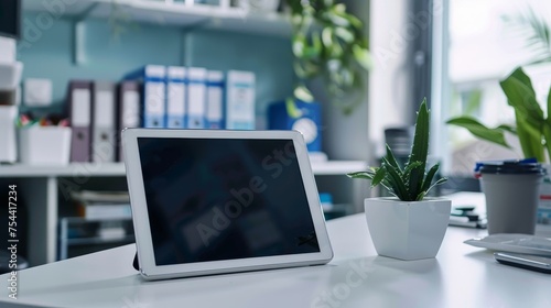 Wallpaper Mural A professional office workspace highlighted by the presence of a digital tablet and a refreshing potted succulent on a clean white desk. Torontodigital.ca