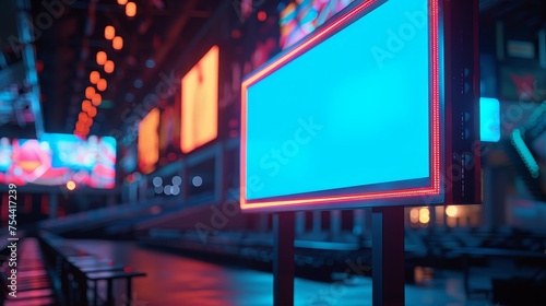 A large blank billboard illuminated by neon lights stands out in a vibrant cityscape at night, ready to display an advertisement.