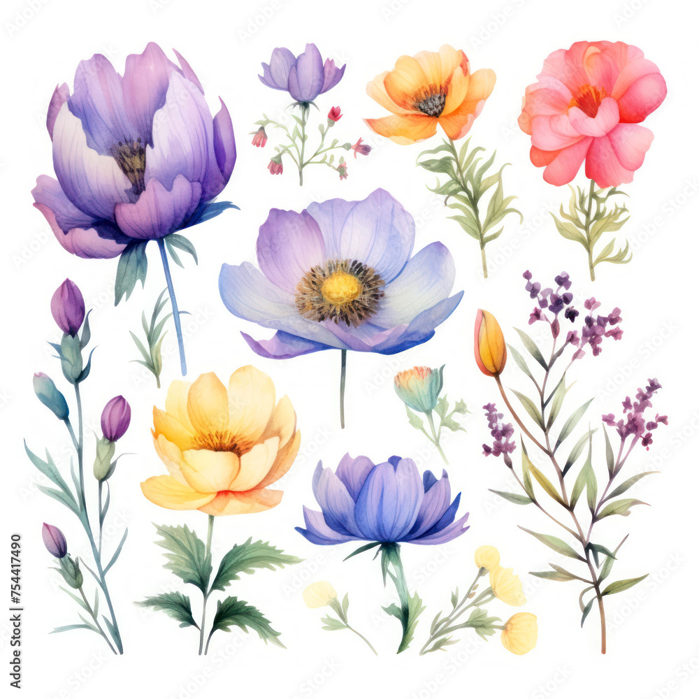 Beautiful vector image with nice watercolor anemones and flowers