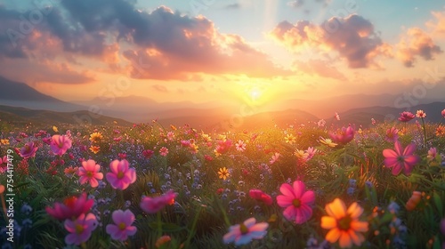 A serene field of wild tropical flowers swaying gently in a warm