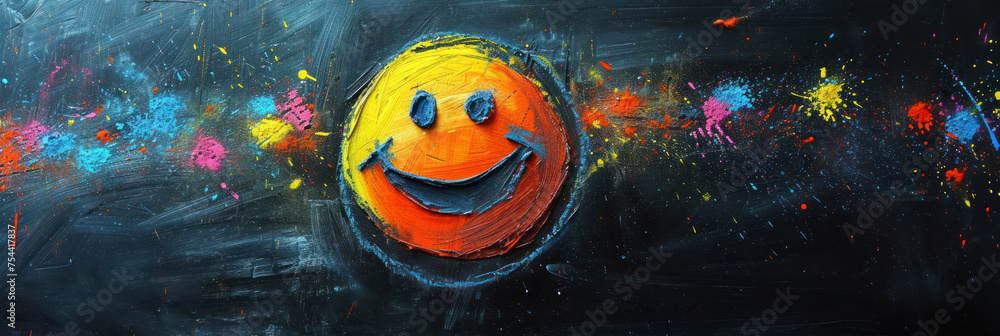 Smiling face painted with colorful paints on blackboard background, panorama