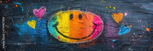 Happy smiley face painted with colorful chalk on a blackboard.