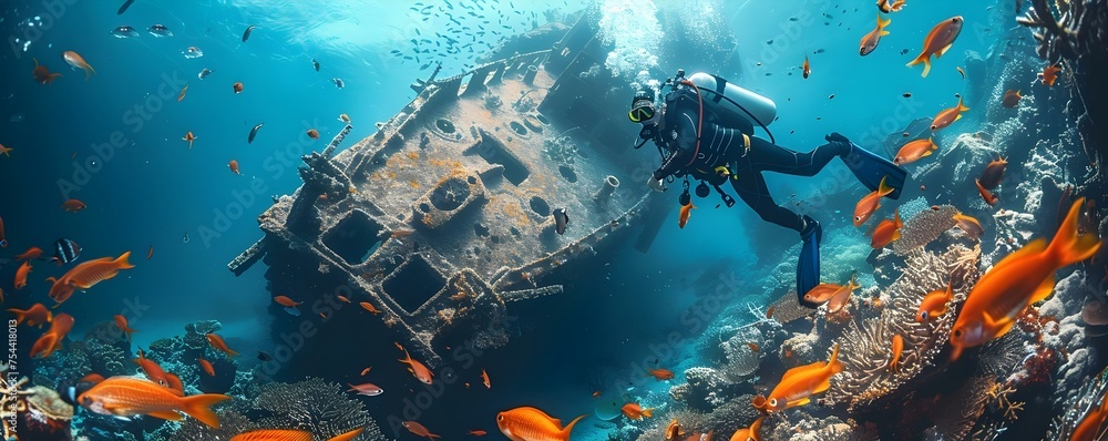Diver Exploring Sunken Shipwreck Surrounded by Fish Underwater Scene ...