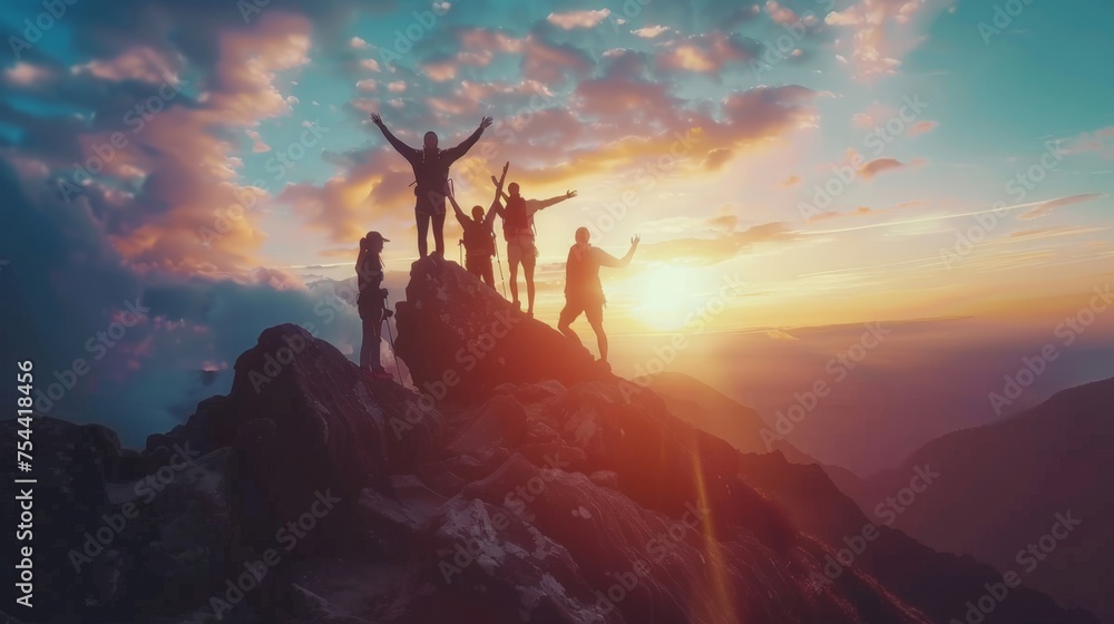 Male hiker celebrating success on top of a mountain in a majestic sunrise and Climbing group friends helping hike up .Teamwork , Helps ,Success, winner and Leadership - obrazy, fototapety, plakaty 