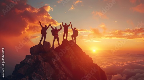 Male hiker celebrating success on top of a mountain in a majestic sunrise and Climbing group friends helping hike up .Teamwork , Helps ,Success, winner and Leadership