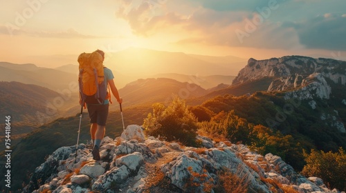 Male hiker with backpack walking on top rock mountain landscape and beautiful view sunset background.Hiker men's hiking living healthy active lifestyle. © Sasint