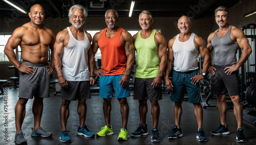 Elderly gentlemen don workout gear for a gym photoshoot, highlighting their dedication to health and wellness © Diego