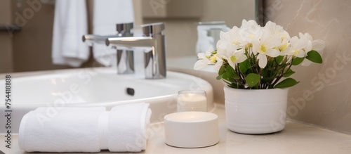 A white flower sits in a white vase placed neatly on a bathroom sink  adding a touch of elegance and freshness to the cozy hotel bathroom. The flower contrasts beautifully with the clean white
