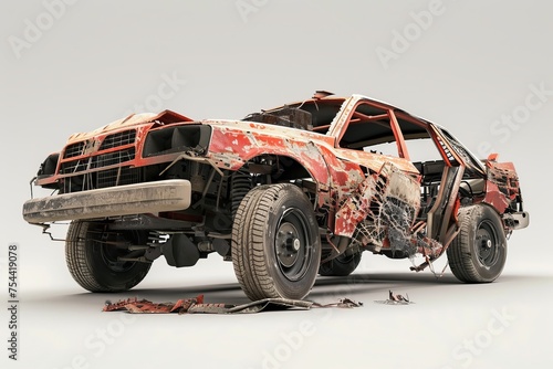 A very damaged and wrecked car, abandoned and deformed by accident and disaster, dirty and grungy, very old and classic with rusty rustic material, isolated on white background, AI generated.	