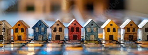 Array of miniature wooden houses on a reflective surface, showcasing diversity in real estate. photo