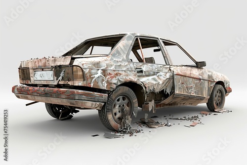 A very damaged and wrecked car, abandoned and deformed by accident and disaster, dirty and grungy, very old and classic with rusty rustic material, isolated on white background, AI generated.	
