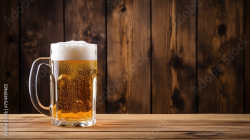 Cold beer with foam in a mug on a wooden table. An empty space for the text. A refreshing summer drink.