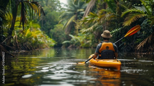 An adventurer kayaking down a serene river in a dense jungle