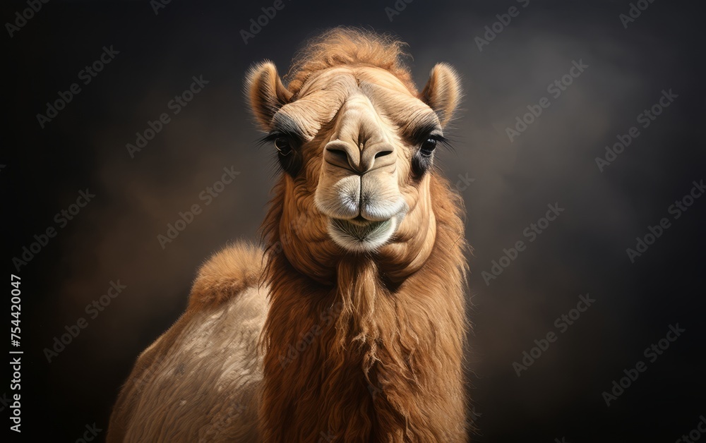Portrait of a camel lstaring at the camera on a dark grey background