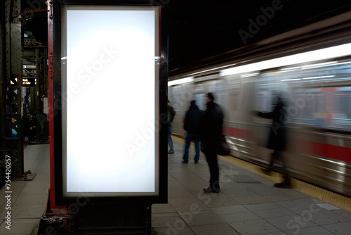 Vertical blank white billboard at subway train station on city street. In the background buildings and people Mock up