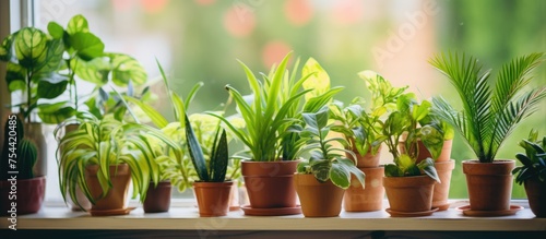 A close-up view of a row of various potted plants placed neatly on a windowsill inside a room. The plants are diverse in size  shape  and type  adding greenery and life to the indoor space.