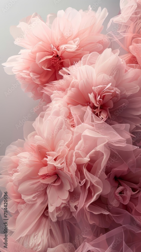 draped background of pink powdery fabric in the form of tulle and flower, texture. a pink and purple background with a lot of flowers. Generative ai