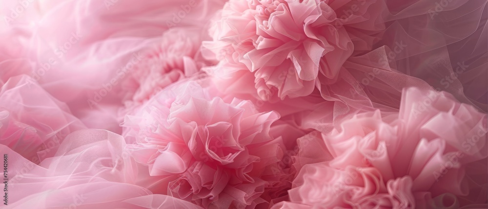 draped background of pink powdery fabric in the form of tulle and flower, texture. a pink and purple background with a lot of flowers. Generative ai