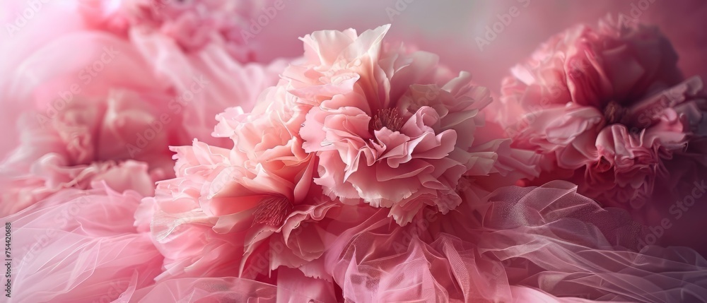 draped background of pink powdery fabric in the form of tulle and flower, texture. a pink and purple background with a lot of flowers. Generative ai draped background of pink powdery fabric in the form of tulle and flower, texture. a pink and purple background with a lot of flowers. Generative ai
