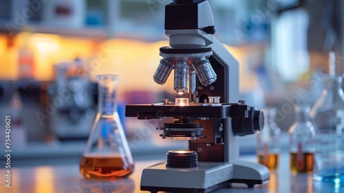 scientists conducting research investigations in a medical laboratory, a researcher in the foreground is using a microscope.Ambitious Young Biotechnology Specialist, working with Advanced