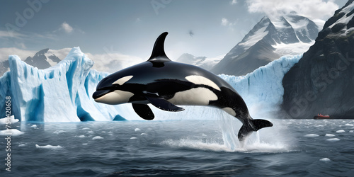 World Oceans Day Save Environment Concept  orca wales jumping out of sea surface  Global warming and preserving life on Earth  The glacier melting and endangering the wildlife.