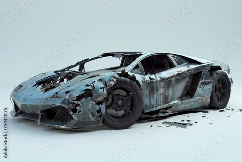 A very damaged and wrecked car, abandoned and deformed by accident and disaster, dirty and grungy, very old and classic with rusty rustic material, isolated on white background, AI generated.	