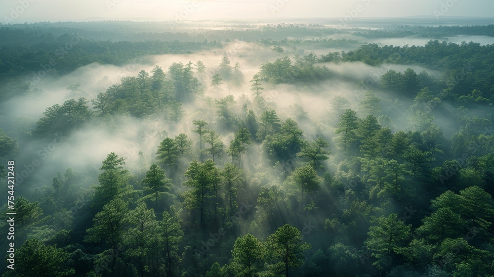 An early morning drone capture of a fog-covered forest