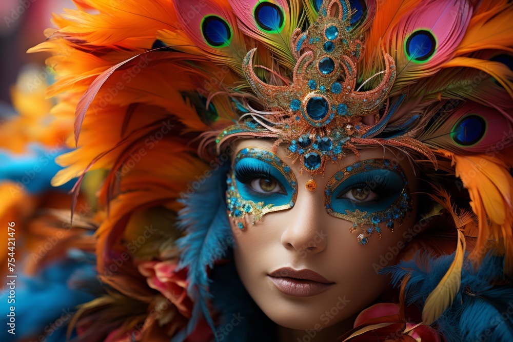 Captivating portrait of a woman in vibrant feathered headdress and glittering makeup