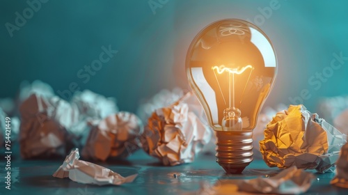 New idea concept with crumpled office paper and light bulb photo