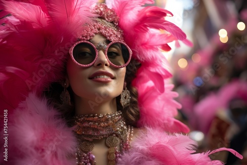 Elegant woman in vibrant pink feathers and stylish glasses at event