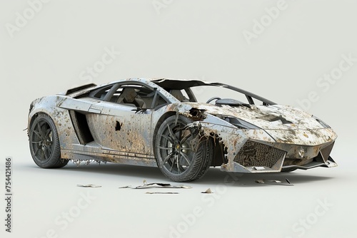 A very damaged and wrecked car, abandoned and deformed by accident and disaster, dirty and grungy, very old and classic with rusty rustic material, isolated on white background, AI generated.	