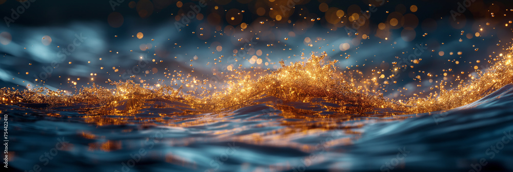 Flowing wave of light in blue tones and with gold splashes - obrazy, fototapety, plakaty 