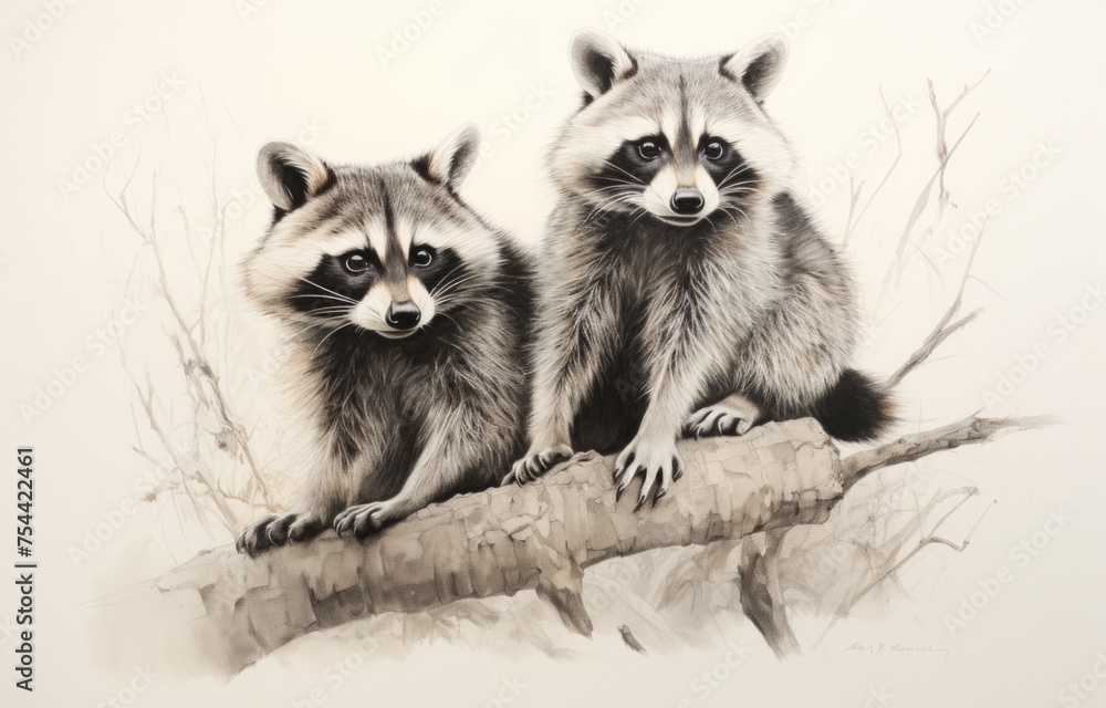 Black and white portrait of two racoon's sitting relaxing on a tree branch.