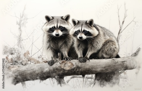 Black and white portrait of two racoon's on the tree branch.