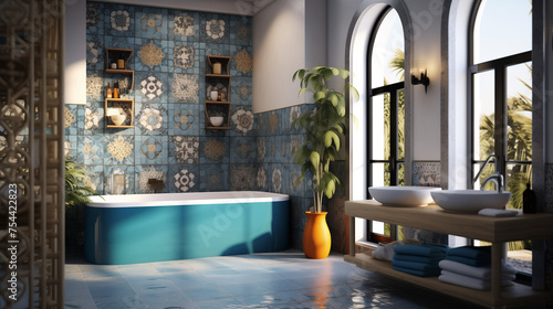 Moroccan-inspired tiles forming intricate patterns on a bathroom wall, bringing a touch of exoticism to a uniquely designed space photo