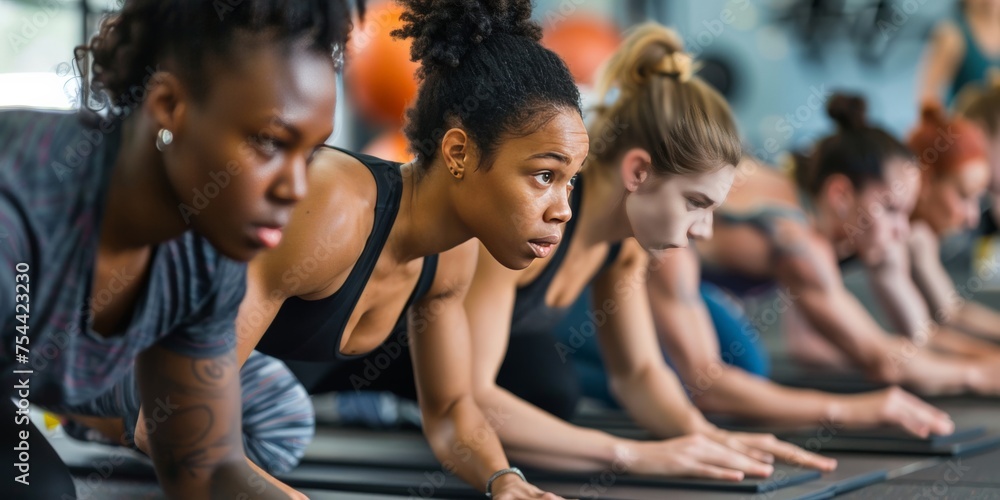 Fit young people doing pushups in a gym looking focused Fit young people doing pushups in a gym looking focused