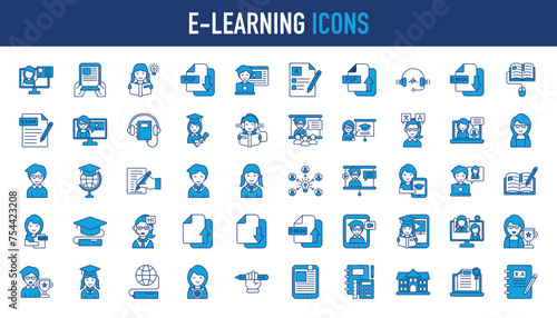 E-learning education icon set. Such as video tuition, online course, audio course, graduation, educational website and digital education icons. Vector icon collection illustration.