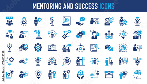 Mentoring and success icon set. concept with icon of goals, coaching, guidance, training, motivation, knowledge, support, and more. Vector icons illustration 