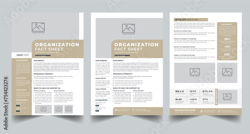Nonprofit Organization Fact Sheet layout design template with 3 style design concept