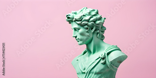 Sculpture of an abstract greek deity, done in the pastel gradient pink and green background colors, close up, copy space, 