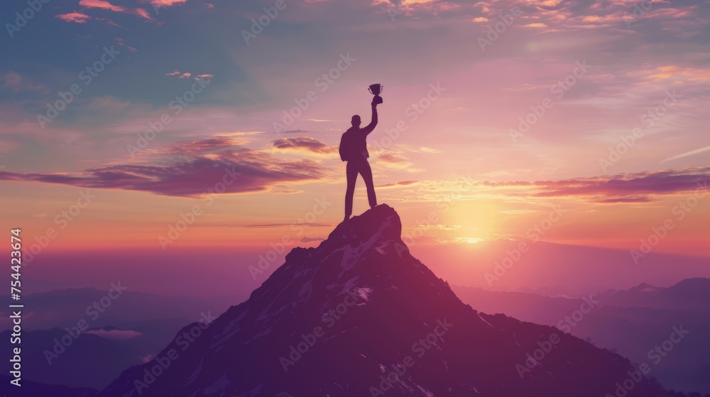 Silhouette of Businessman standing on mountain top over sunrise twilight background with holding up a trophy cup, Winner, Success and Leadership concept