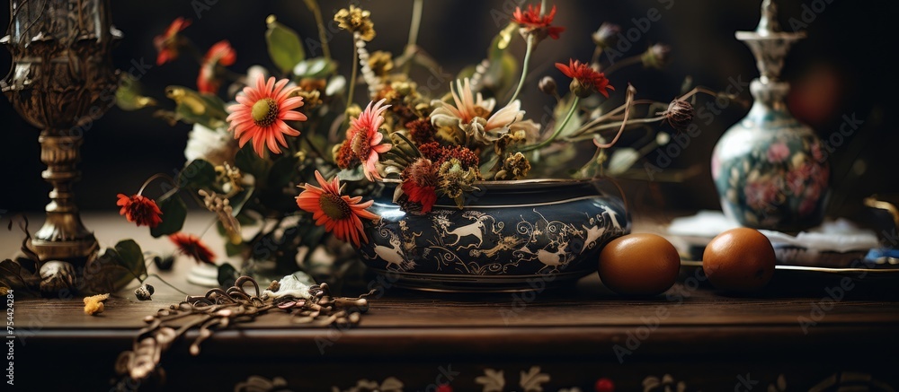 custom made wallpaper toronto digitalA closeup view of a table covered with vases filled with a variety of colorful flowers and fresh fruit, creating a vibrant and lively display.