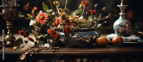 Wallpaper Mural A closeup view of a table covered with vases filled with a variety of colorful flowers and fresh fruit, creating a vibrant and lively display. Torontodigital.ca