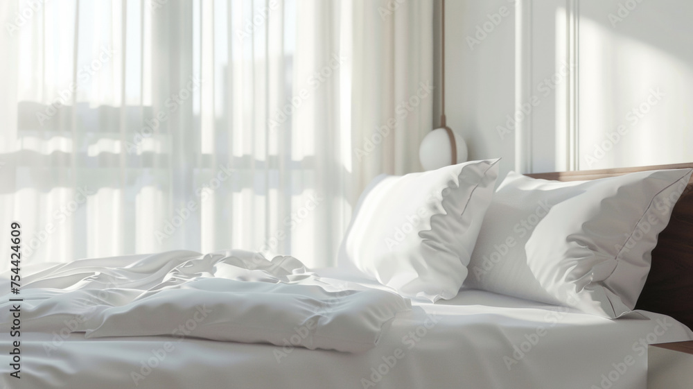 Fototapeta premium Serene morning light on an inviting, messy bed in a bright room.