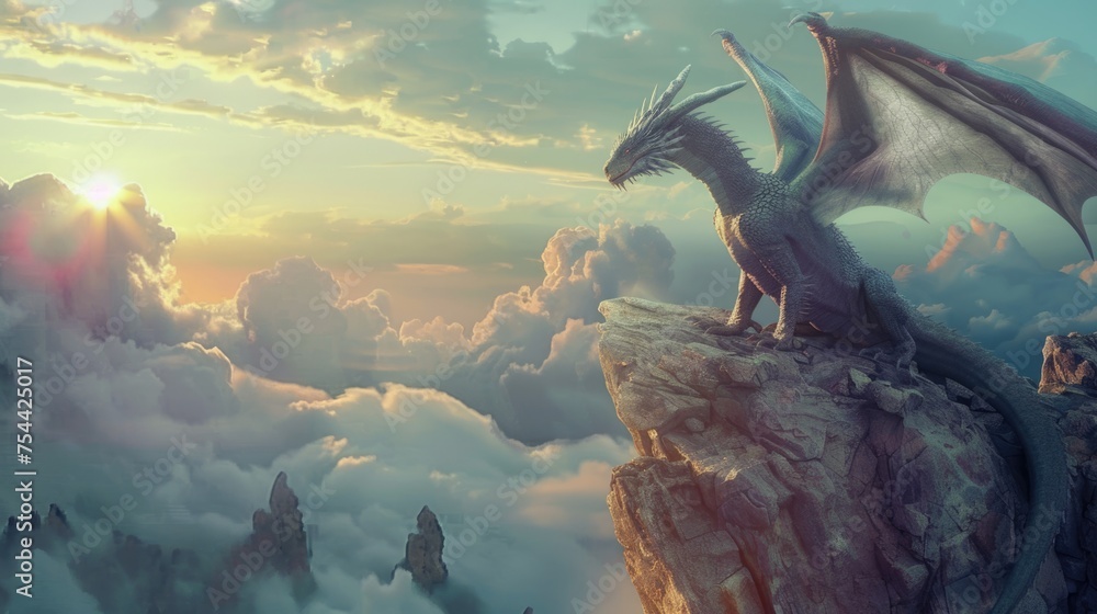 Big stunning white dragon sit on rock, high above the clouds. Mystical magical creature from fairy tale. Sky background. Monster from legends and myths. Mystery wild animal from old medieval times. - obrazy, fototapety, plakaty 